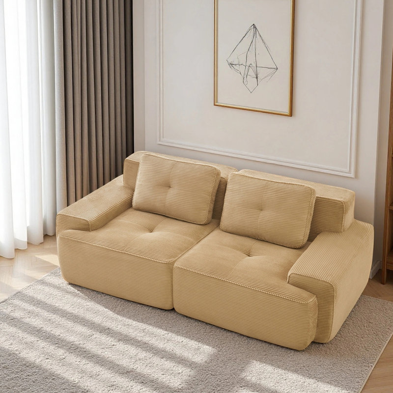 Compression Sofa, Loveseat, Corduroy Fabric Sofa, For Living Room, 32.7" H x 81.9" W x 40.9" D, 2, Camel
