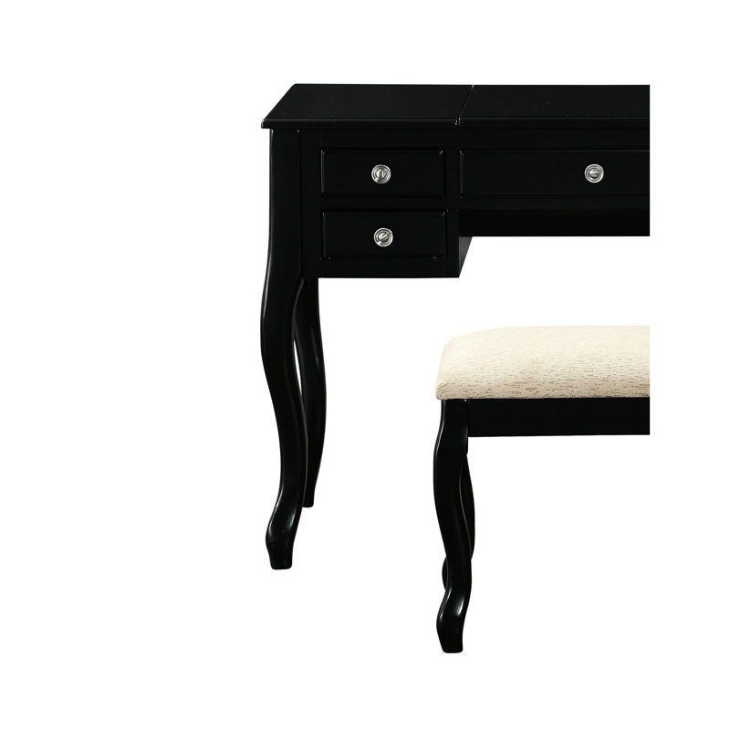 Meuble-lavabo moderne avec tabouret, couleur noire, miroir ouvert, contreplaqué, noir classique contemporain, plateau, contreplaqué, chambre à coucher