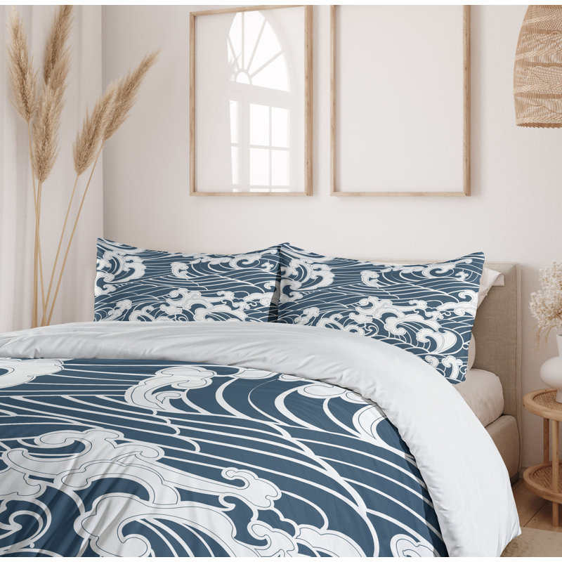 Slate Blue and White Japanese Wave Queen Duvet Cover Set