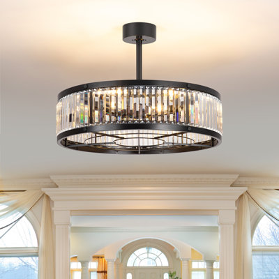 28" Black Crystal Caged Ceiling Fan with Light, Modern Fandelier for Bedroom and Living Room