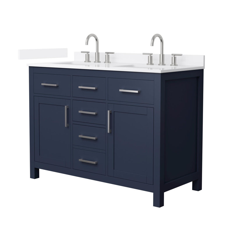 Beckett 48" Freestanding Double Bathroom Vanity with Quartz Top, Dark Blue, Brushed Nickel, White Quartz