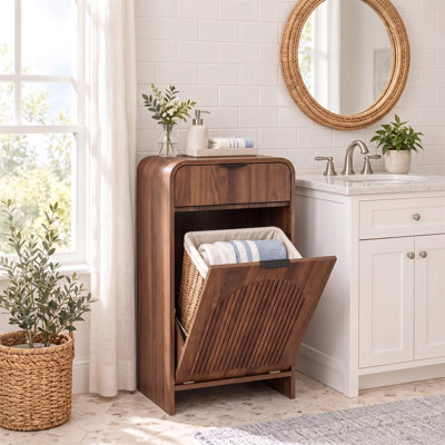 10 Gallon Tilt-Out Trash Cabinet & Laundry Hamper,with 1 Laundry Baskets,Drawers and Power Outlet.Walnut R-Corner