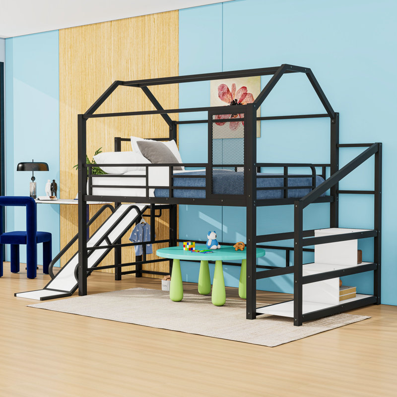 Metal Loft Bed With Staircase And Slide, Black, Full
