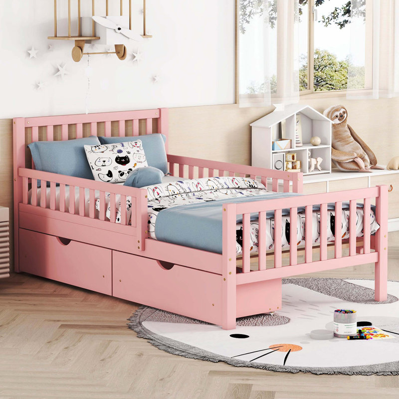 Lit plateforme rose en bois avec garde-corps double et 2 tiroirs de rangement, Lit simple, Rose