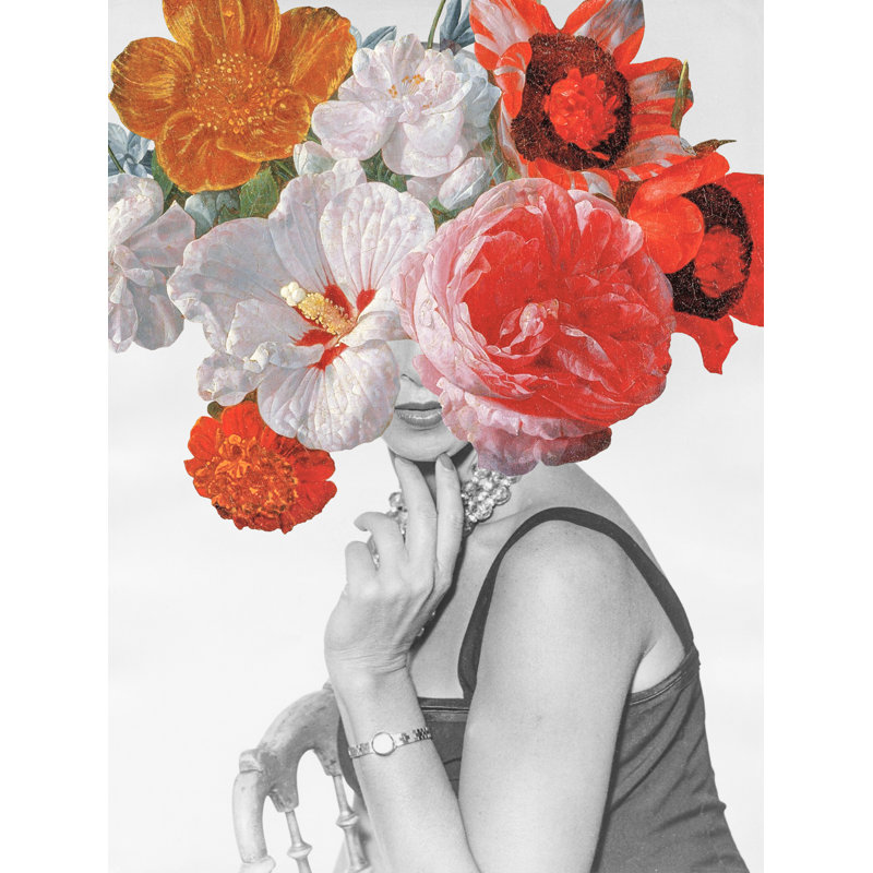 Figurine féminine II, collage abstrait, fleurs, jaune, rouge, bleu, noir et blanc, H 16 po x l 24 po x P 1,5 po
