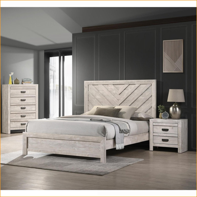 Structure de lit pleine grandeur en bois rustique avec tête de lit à chevrons avec finition beige et gris pour la chambre à coucher