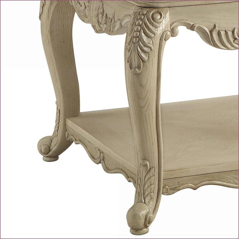 Antique White Rubberwood Veneer Coffee Table with Drawer &amp; Bottom Shelf, Space-Saving Storage