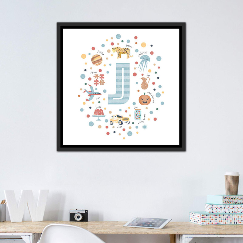 Lettre illustrée J bleue - impression, H 37 po x l 37 po x P 1,5 po, Toile avec cadre noir patiné, Pas de tapis