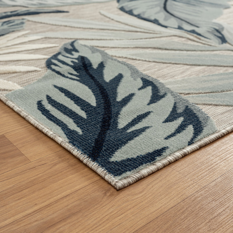 Tapis d'intérieur / extérieur tissé à la machine taupe bleu Botanical Hi-Low, Rectangle 7 pi 9 po x 9 pi 9 po