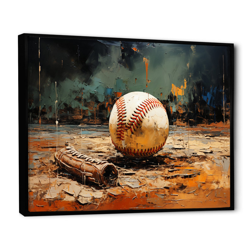 Baseball Collage Glove And Ball - Sports, reproduction d'art sur toile, H 24 po x l 32 po x P 1 po, Cadre flottant noir