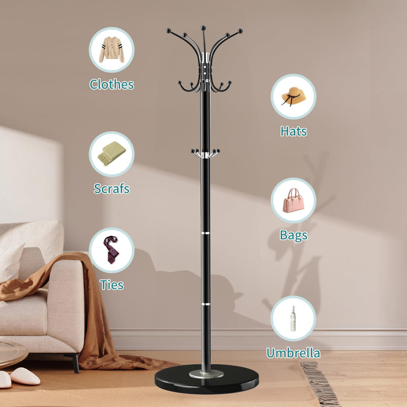 Black Metal Freestanding Coat Rack with Natural Marble Base and 14 Hooks