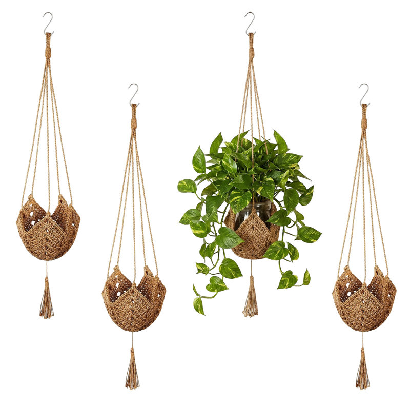 Paquet de 4 cintres en jute pour macramé avec 4 crochets, panier à fleurs suspendu de 40 po Boho, Brown