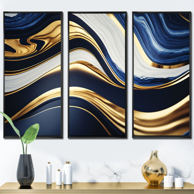 «Abstract Geode Waves Blue and Gold V», ensemble d'art mural abstrait sur toile