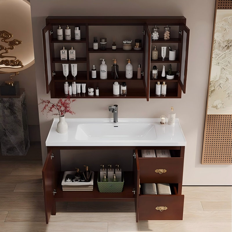 Meuble-lavabo autoportant en bois d'hévéa 44,09 po avec armoire à miroir, 44"