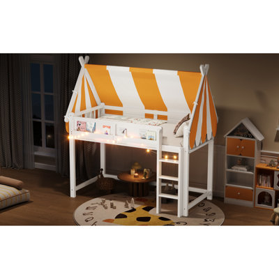 White Twin Size Loft Bed With Canopy, Led Lights, And Book Shelf - Playful Canopy Design For ' Room Decor, Soft Lights Bedtime Reading, Front Display Small , Frame Everyday Use, Open Space Under