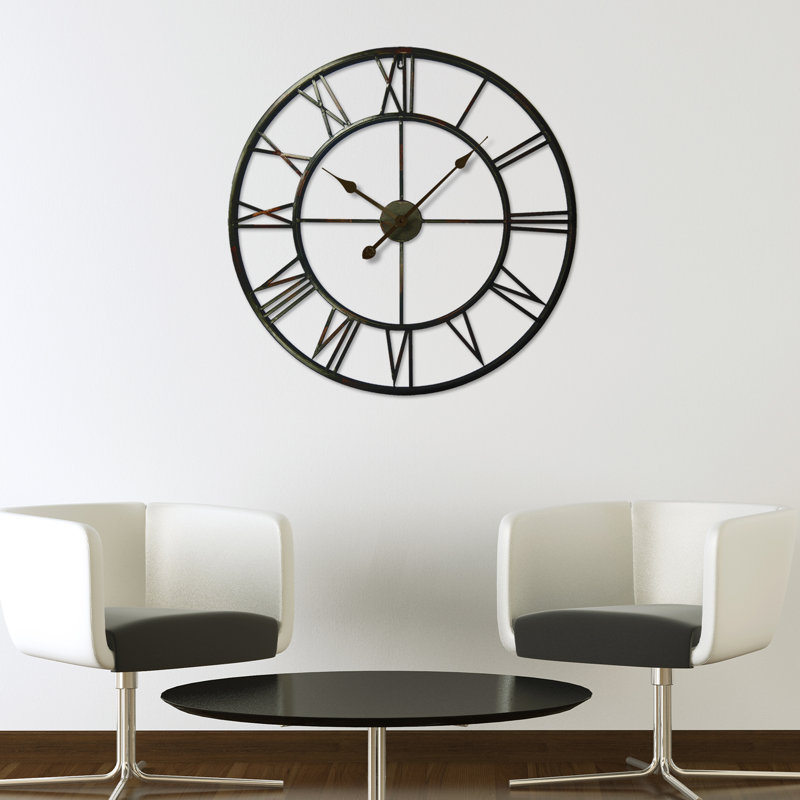 Balliol Iron Wall Clock - Decorative Metal Timepiece for Home & Office, Large, Vintage Black/Rusty Brown Patches