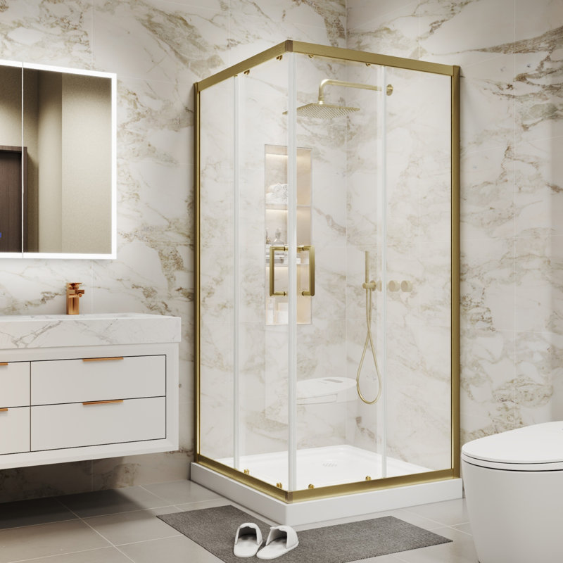 36" W x 71" H Double Sliding Shower Door, Tempered Clear Glass Shower Door with Stainless Steel Handle, Brushed Gold