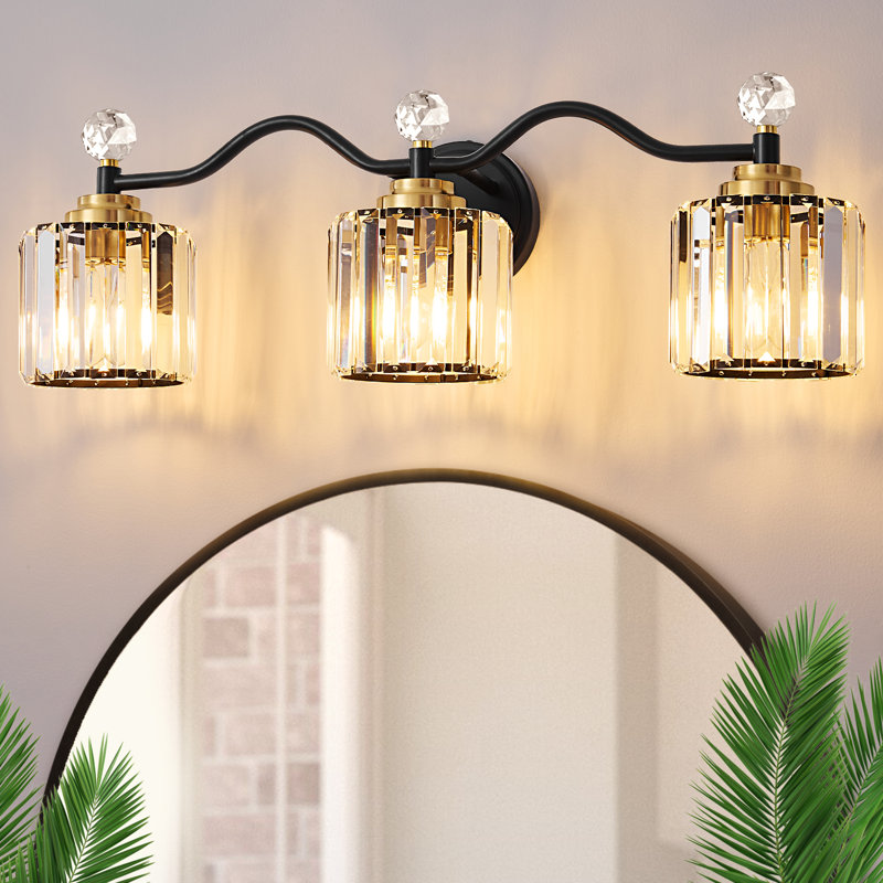 Emilion Dimmable Bathroom Vanity Light With Crystal Shade, 3 Lights, Matte Black/Gold
