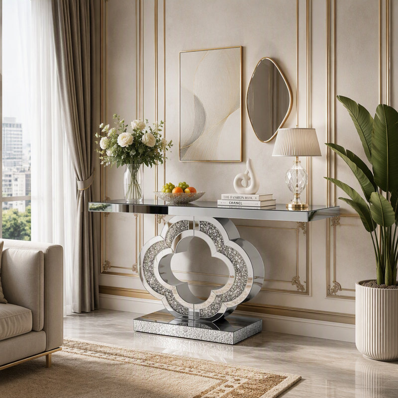 Console en miroir avec miroir de 43,3 pouces, table d'entrée en verre avec base en diamant écrasé Trèfle, table d'appoint avec canapé en argent Glam pour le vestibule du vestibule