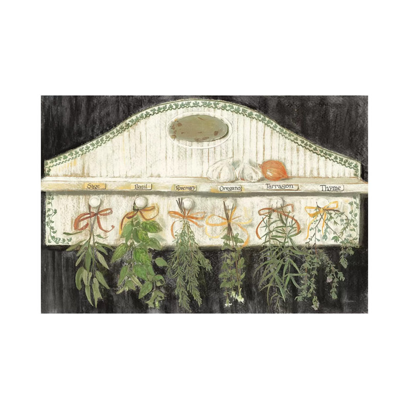 «Herbs on Pegs Black» par Carol Rowan - peinture sur toile tendue, H 8 po x l 12 po x P 0,75 po