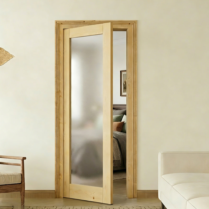Interior Door Slab with Matching Frame - 1 Lite Frosted Glass Solid Wood Interior Door with Pine Finish, Left, 30"X 80"