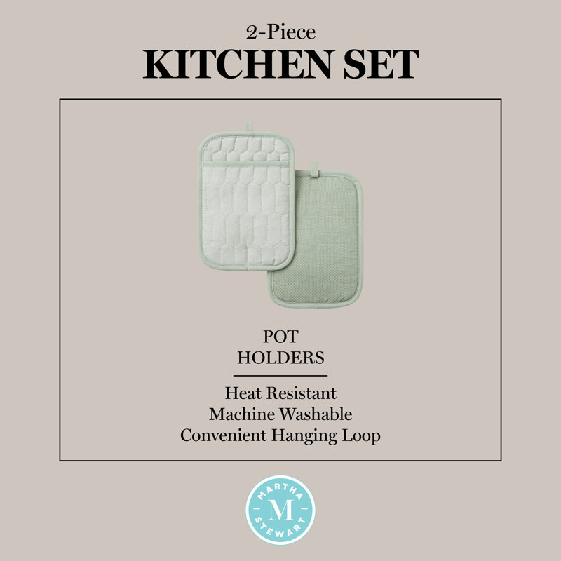 MARTHA STEWART Honeycomb Quilted Chambray Pot Holder 2-Pack Set 7"X10", Mint Green