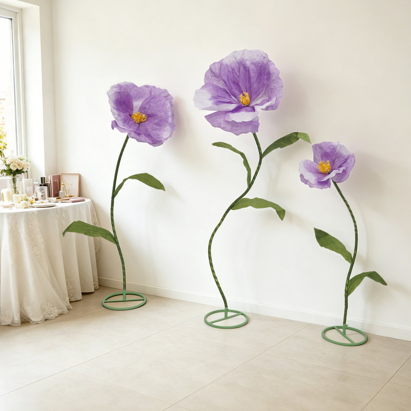 Ensemble de 3 grandes fleurs artificielles autoportantes pour la décoration de mariages et de fêtes., Purple