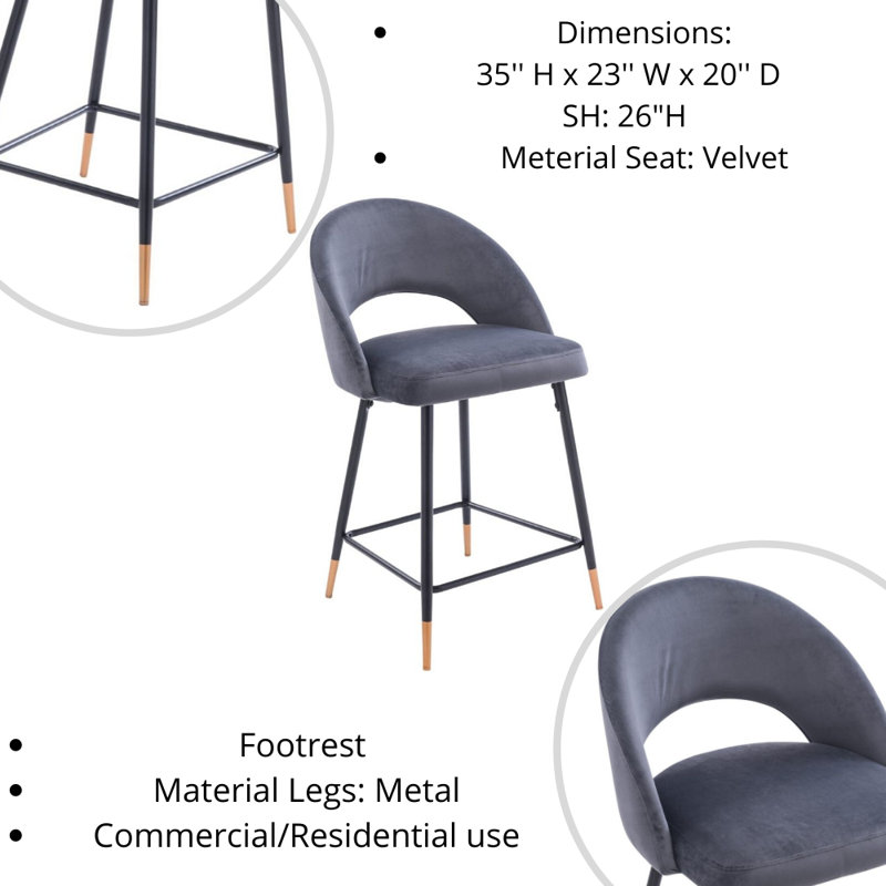 Audie Upholstered Counter Stool with Metal Frame, Gray