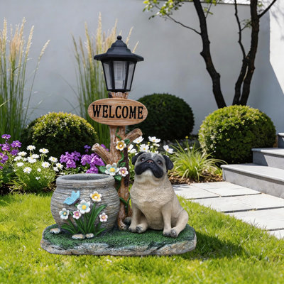 Charmante statue de planteur de chien carlin assis, parfaite pour la décoration intérieure et extérieure avec une fabrication durable