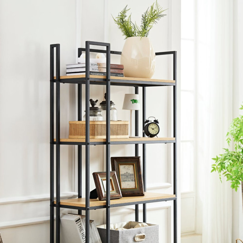 Bibliothèque moderne à 5 niveaux, tablette haute pour livres, trousse de rangement pour garage, CD, DVD, rangement d'angle de style industriel pour chambre, bureau, cuisine, salon, brun rouille