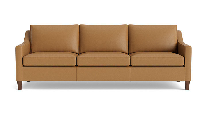 Vera Sofa (95"), Navy, Walnut Finish (Angled)