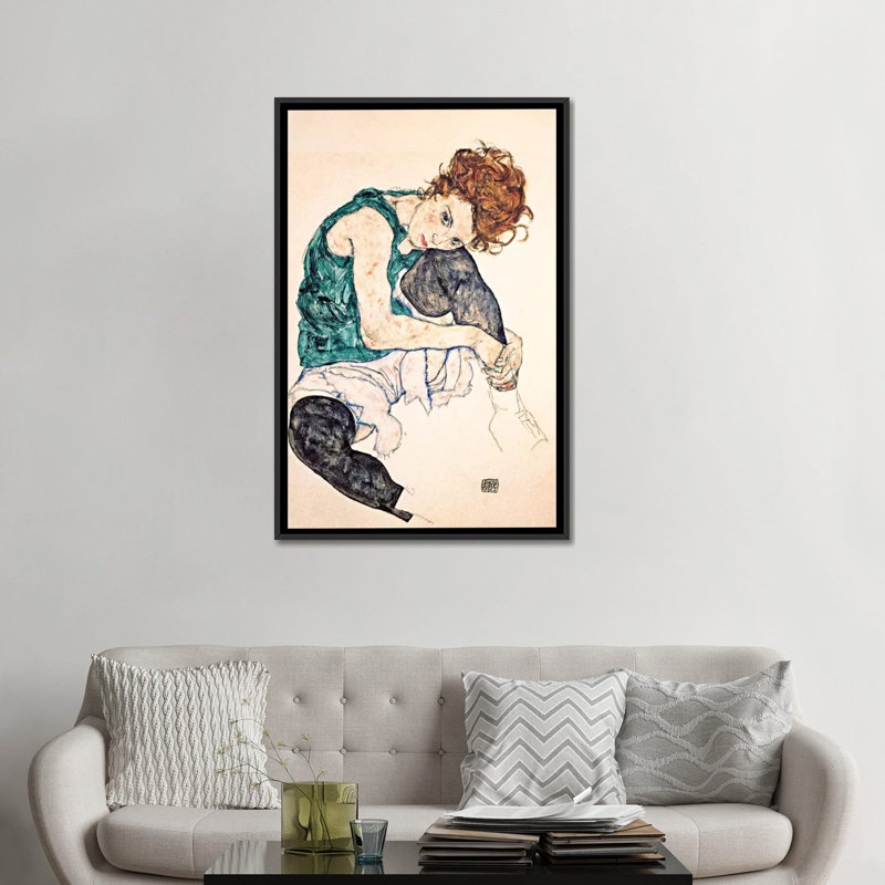 Egon Schiele Seated Woman with Bent Knee II Painting Print on Wrapped Canvas, Black Framed Canvas, 26" H x 18" W x 1.5" D