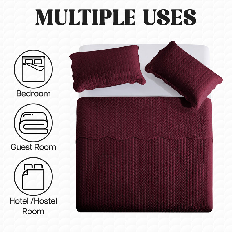Embossed Quilted Bedspread Set – Soft Microfiber Coverlet With Pillow Shams, Hotel-Style Bedding For High Beds, Burgundy