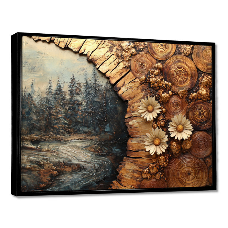 «Daisies Flowers Forest Wooden Landscape II» - marguerites, art mural, H 12 po x l 20 po, Reproduction avec cadre flottant