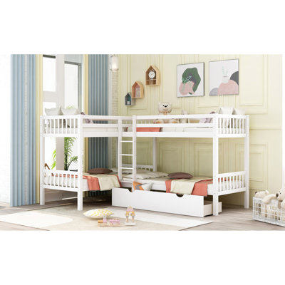 Twin L-Shaped Bunk Bed With Drawers-Gray