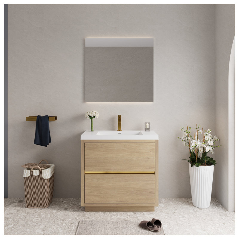 Meuble-lavabo autoportant 36 po avec plateau en résine de pierre et tiroirs à fermeture douce en chêne naturel