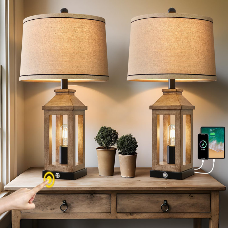 Ensemble de 2 lampes de table rétro 23,75 "USB C + A Ports, Beige