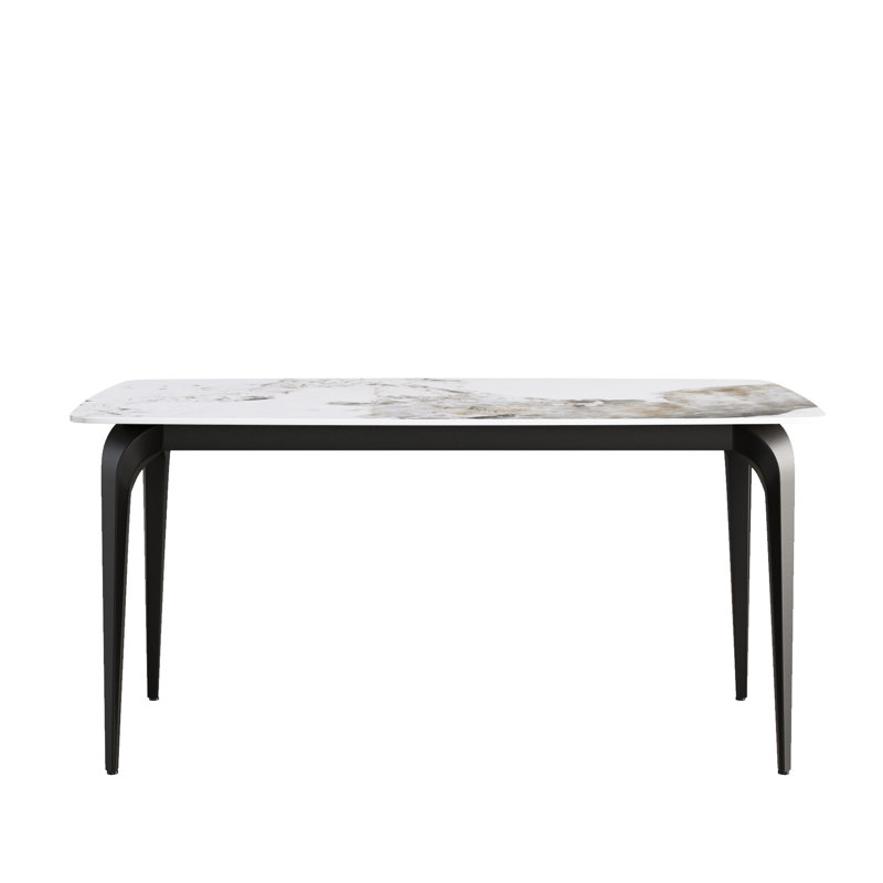 Table de salle à manger 63 po blanc antique - plateau en matériau chauffant, pieds en métal, pour 6 pierres frittées blanches, stable et sécuritaire, 6 pieds noirs
