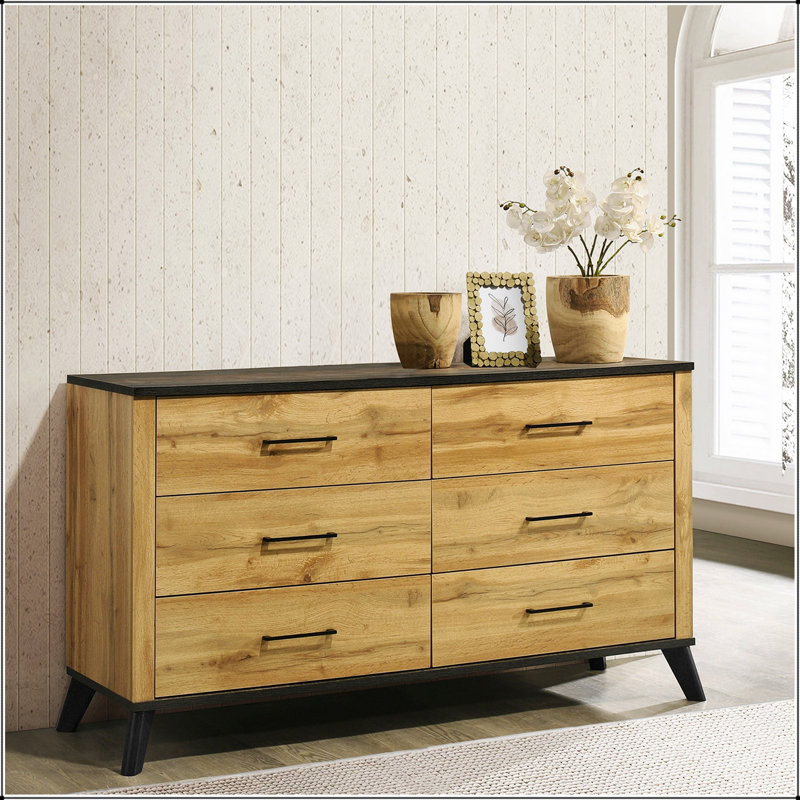 Commode à 6 tiroirs en pin naturel avec charme rustique et design Mid-Century Fraser