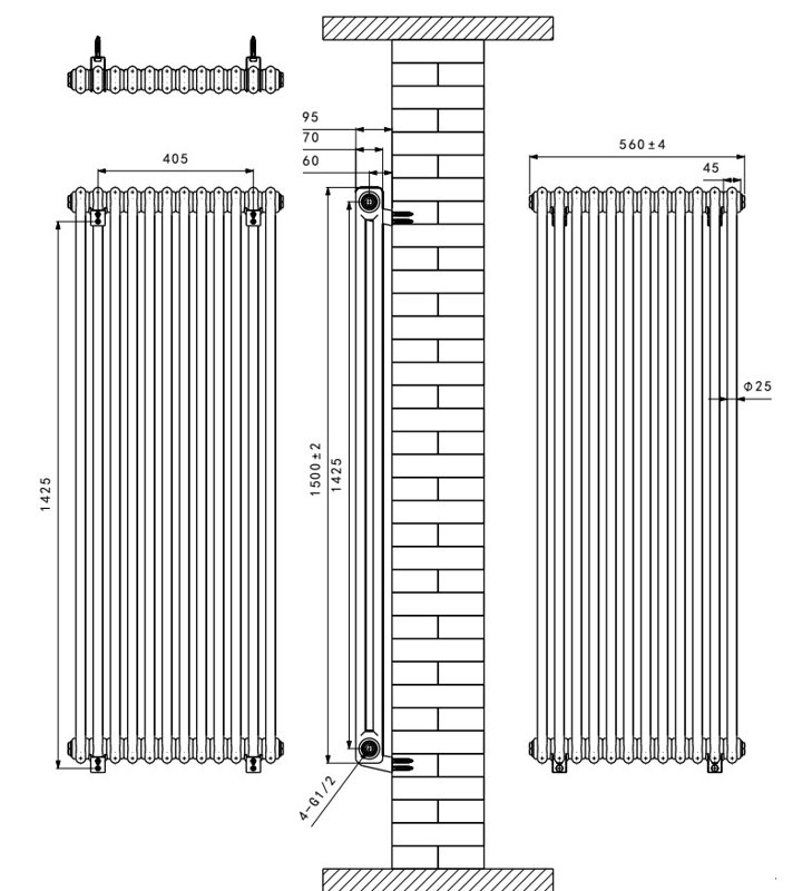 Brunner Vertical Traditional Column Radiator, 1500mm H x560mm W x 70mm D
