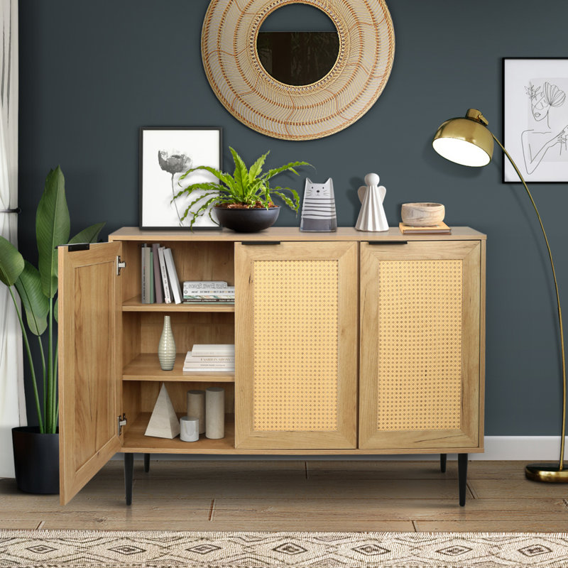 Armoire de rangement de style buffet de 47,24 po avec 3 portes en rotin et 3 tablettes Bonacci, Gris foncé