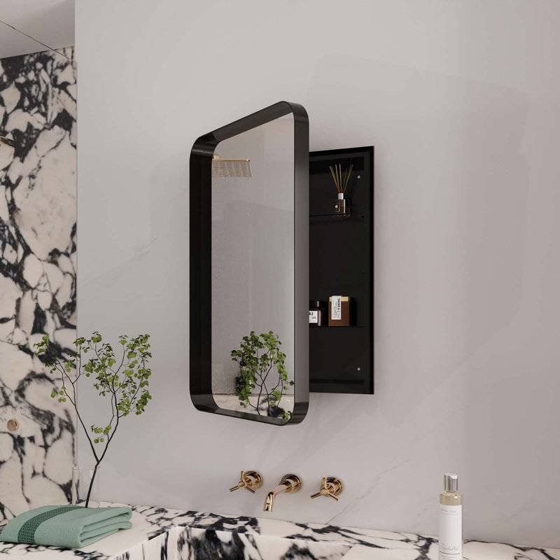 Armoire de salle de bain polyvalente avec cadre en métal avec miroir et tablettes réglables pour le rangement, Noir mat