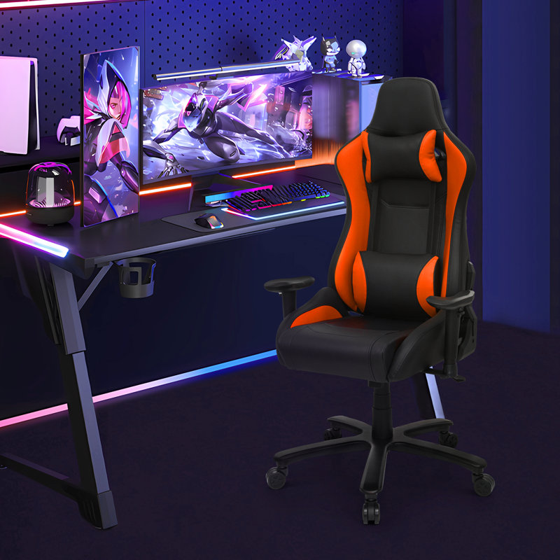 Fauteuil de jeu de course et de course réglable, inclinable et ergonomique en similicuir avec repose-pieds, Orange
