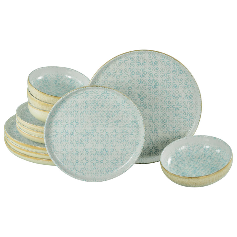 Uno Piece Stoneware Dinnerware Set - Service for 4, Blue/Beige/Ivory
