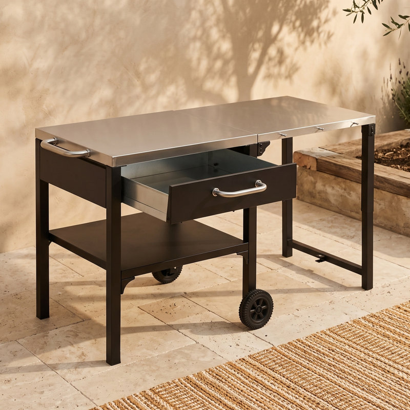 Chariot de cuisine d'extérieur avec roulettes, tiroir, tablette de rangement inférieure et surface de préparation extensible