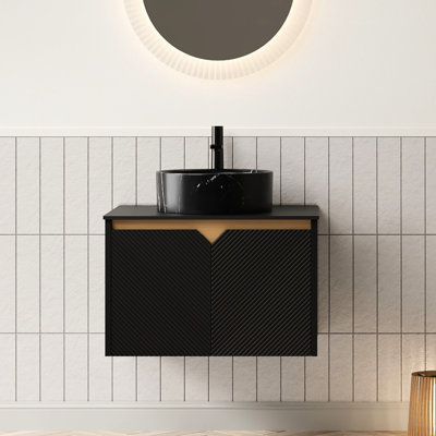 Meuble-lavabo mural 24 po avec lavabo rond en céramique noire, motif en pierre, plateau fritté, armoire à double porte en sergé et garniture à fermeture en douceur
