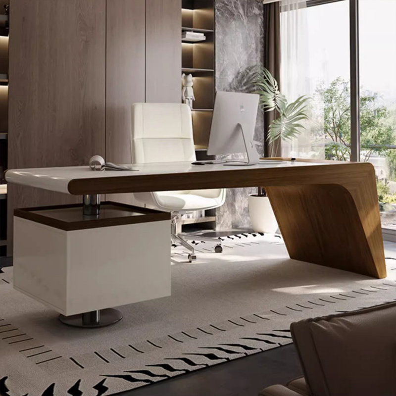 Bureau rectangulaire blanc en bois manufacturé blanc + brun noisette + acier inoxydable avec 2 tiroirs