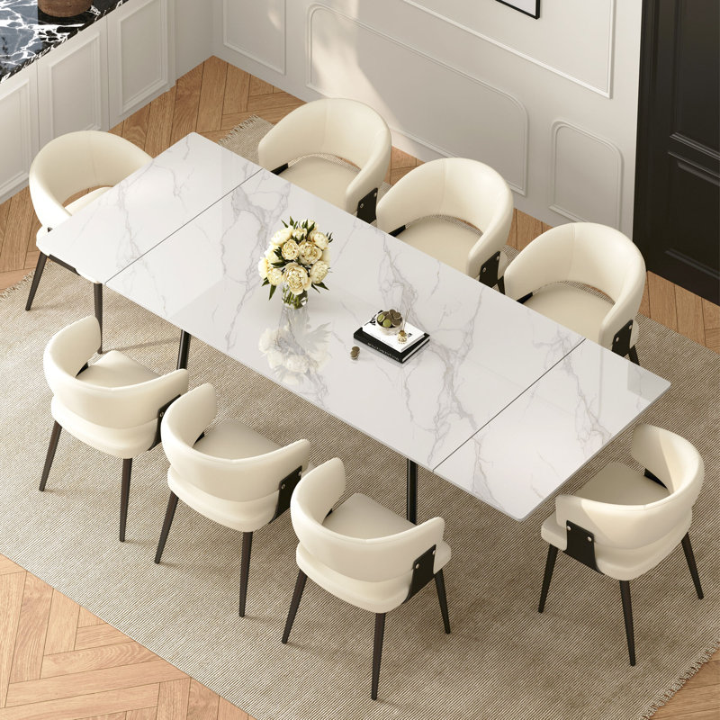 Expandable White Sintered Stone Dining Table And Chair Set, Beige, 11 Pieces: Table, 10 Chairs