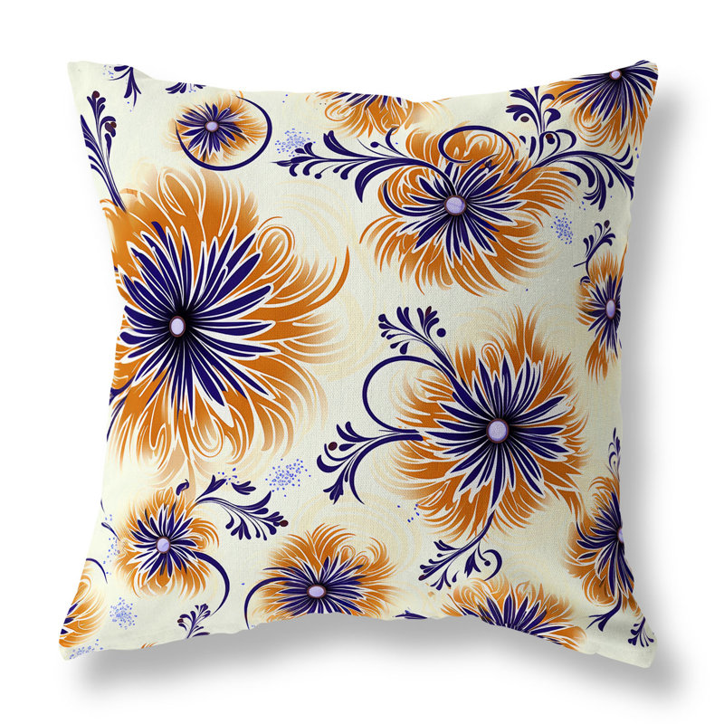 Coussin Breezy, Motif floral bleu / orange, H 18 po x l 18 po