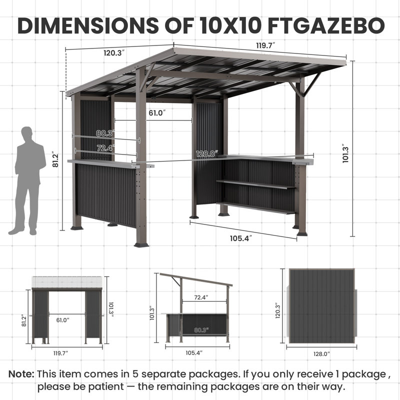 Pavillon de jardin d'extérieur moderne en métal avec comptoirs intégrés et toit incliné (ensemble de 2)